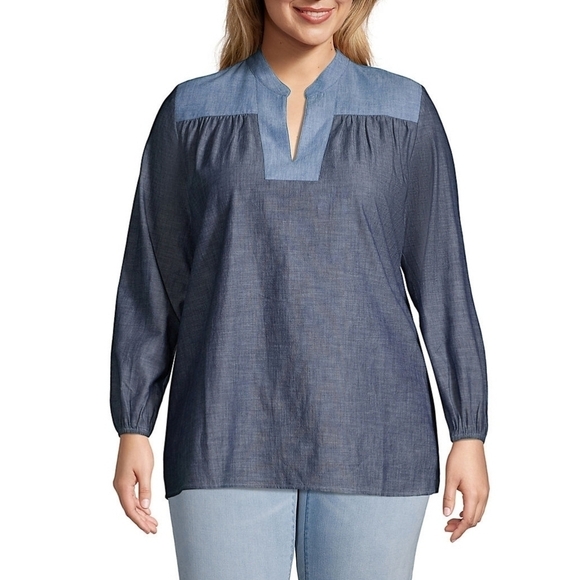 Women's Chambray Mix Peasant Top Dark Indigo Chambray 1X - Picture 1 of 11